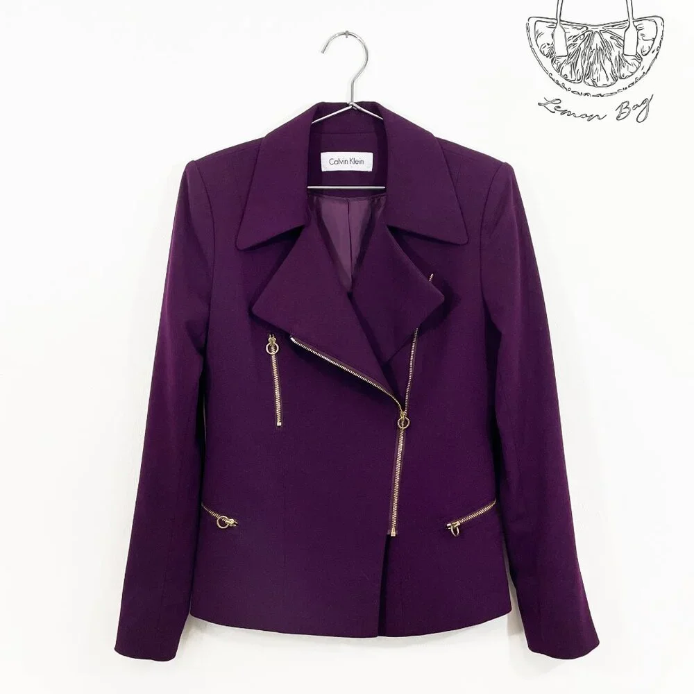 Calvin Klein / Asymmetrical Zipper Lapel Fitted Blazer / Dark Purple / Size S - Picture 3 of 5